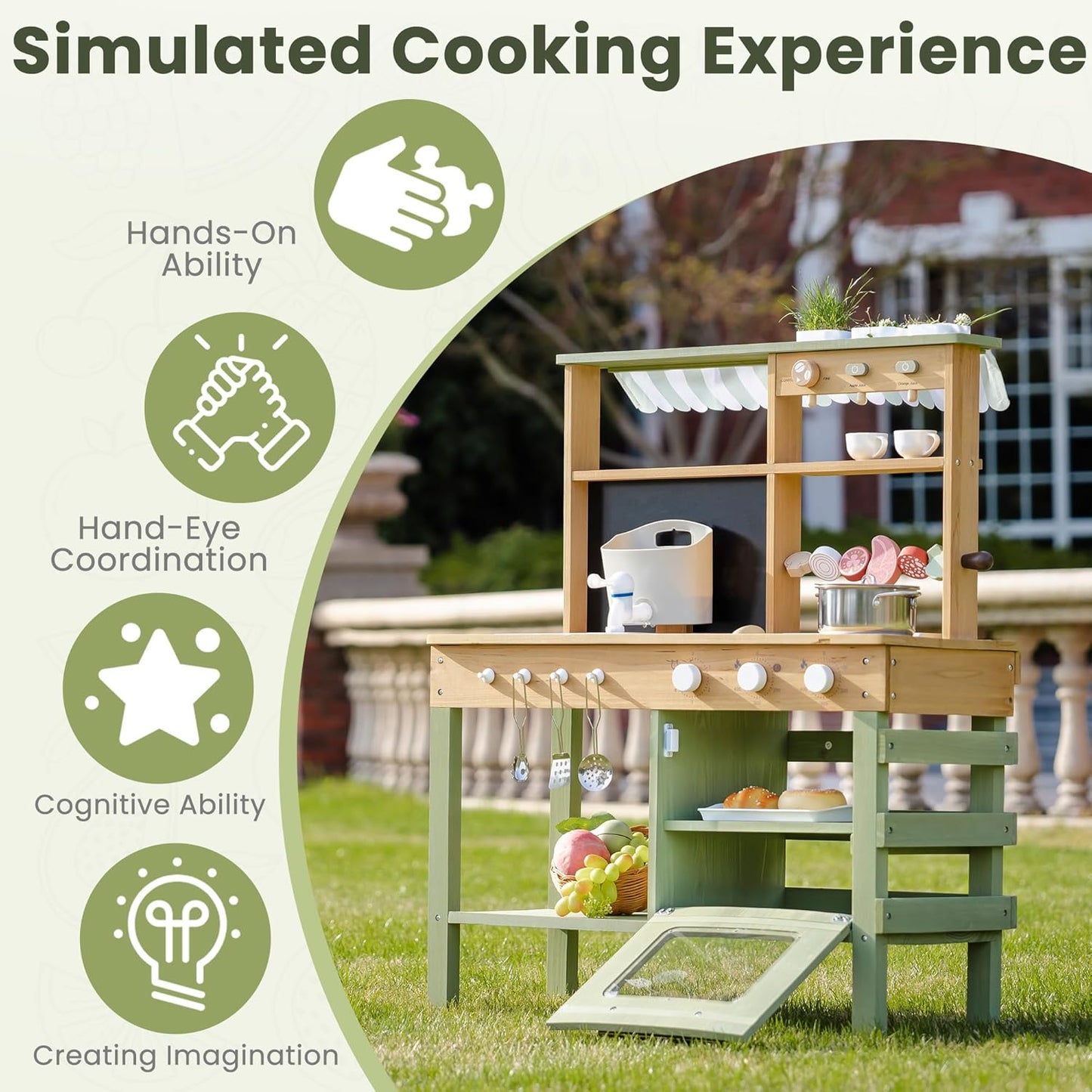 ROBOTIME Mud Kitchen for Kids, Outdoor Wooden Playset with Mud Kitchen, Sink, BBQ Grill, Coffee Maker, Planting Area & Oven, Pretend Play Kitchen for Outdoor Fun Ages 3+