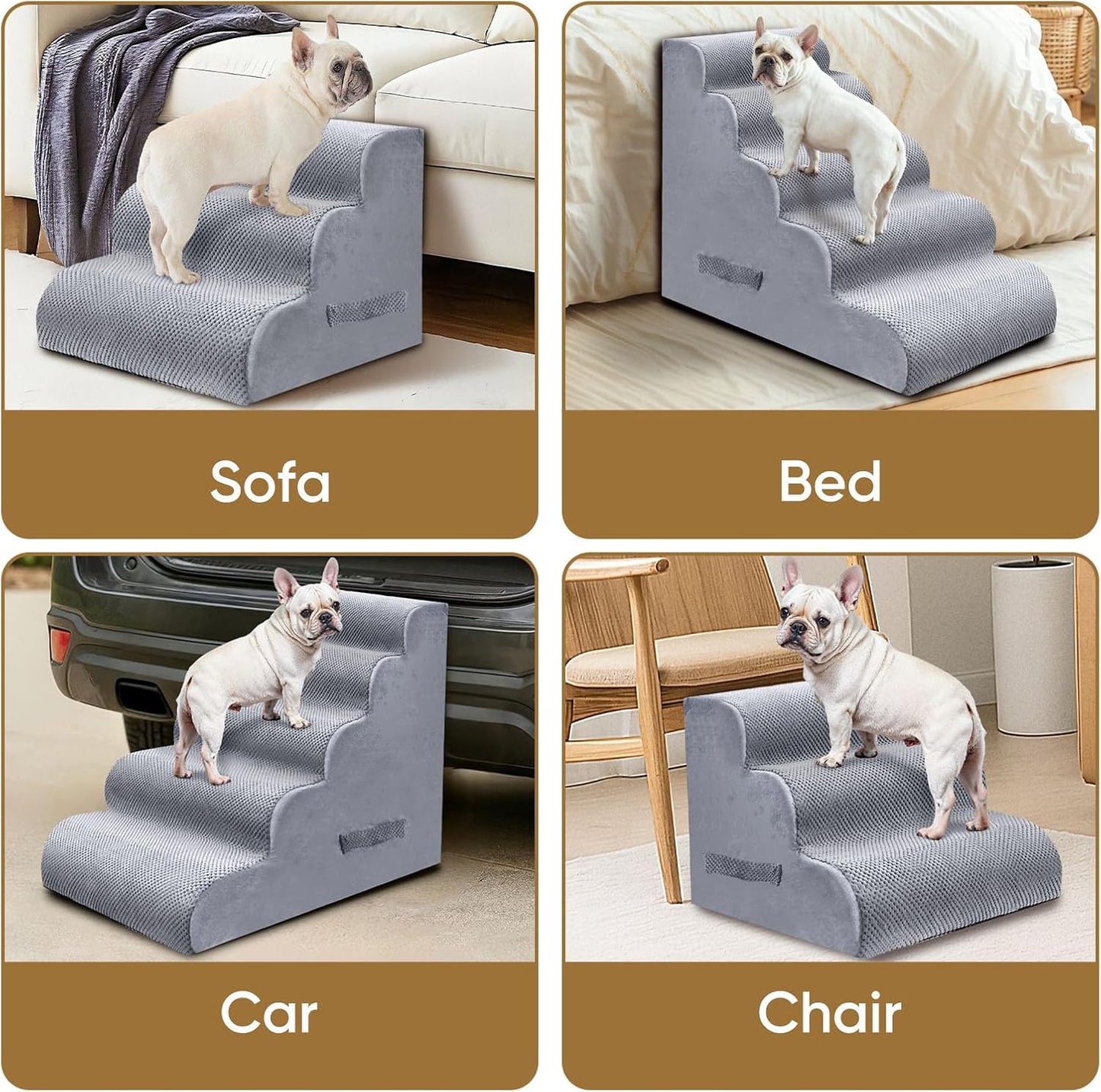 PAWSCART 작은 반려동물을 위한 강아지 계단, 높이 45cm(17.75인치) 30D 소재 부드러운 폼, 휴대용 경사로 미끄럼 방지 표면 미끄럼 방지, 소파 및 높은 침대 등반을 위한 미끄럼 방지, 고양이 또는 개를 위한 3단계 계단, 라이트 그레이
