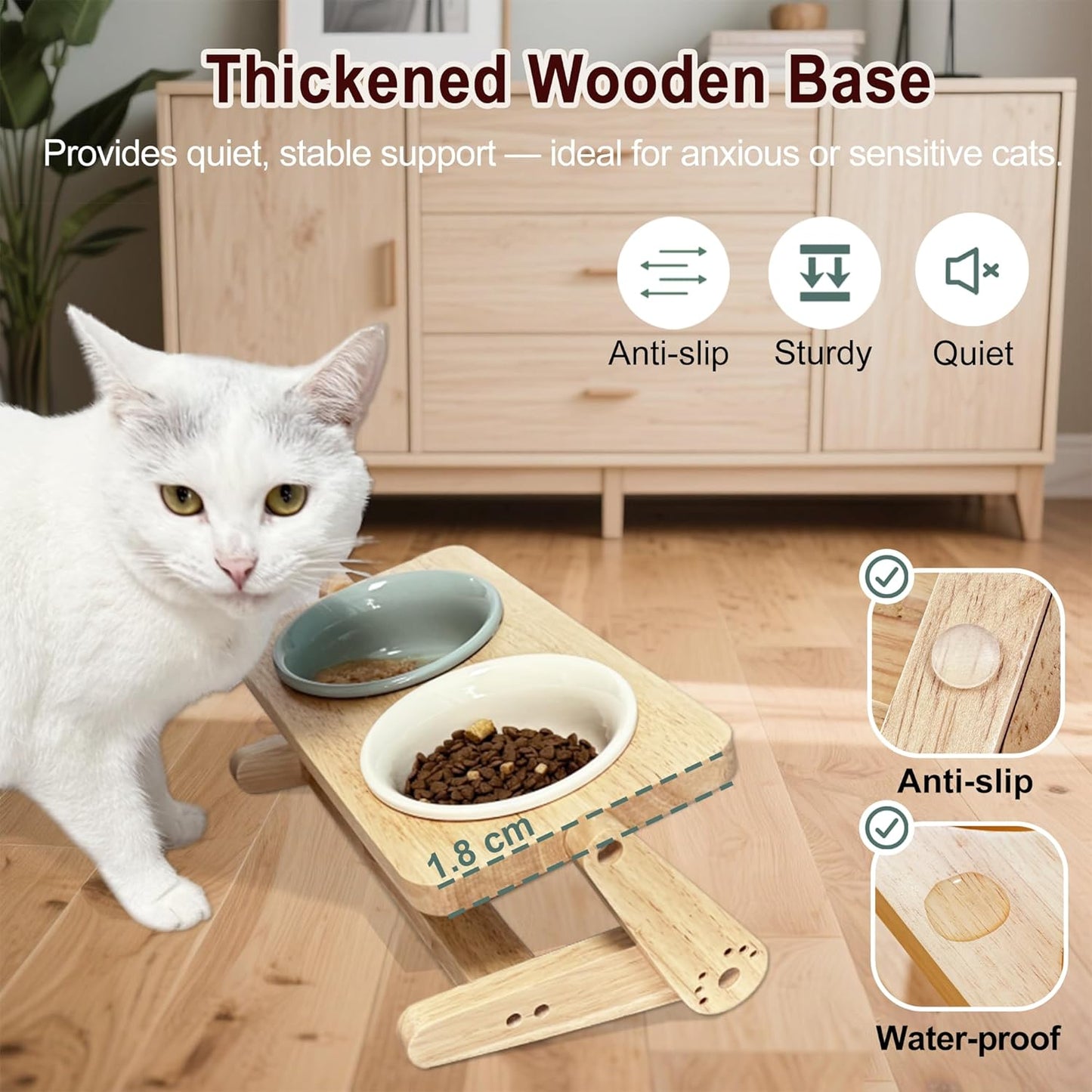 Elevated Cat Bowl, 12 Ounce Ceramic Raised Cat Bowl for Dry and Wet Food, 2 Dishs with Adjustable Wood Stand, for Indoor Kitten, Cats and Puppy, Dishwasher Safe (Cream+Green