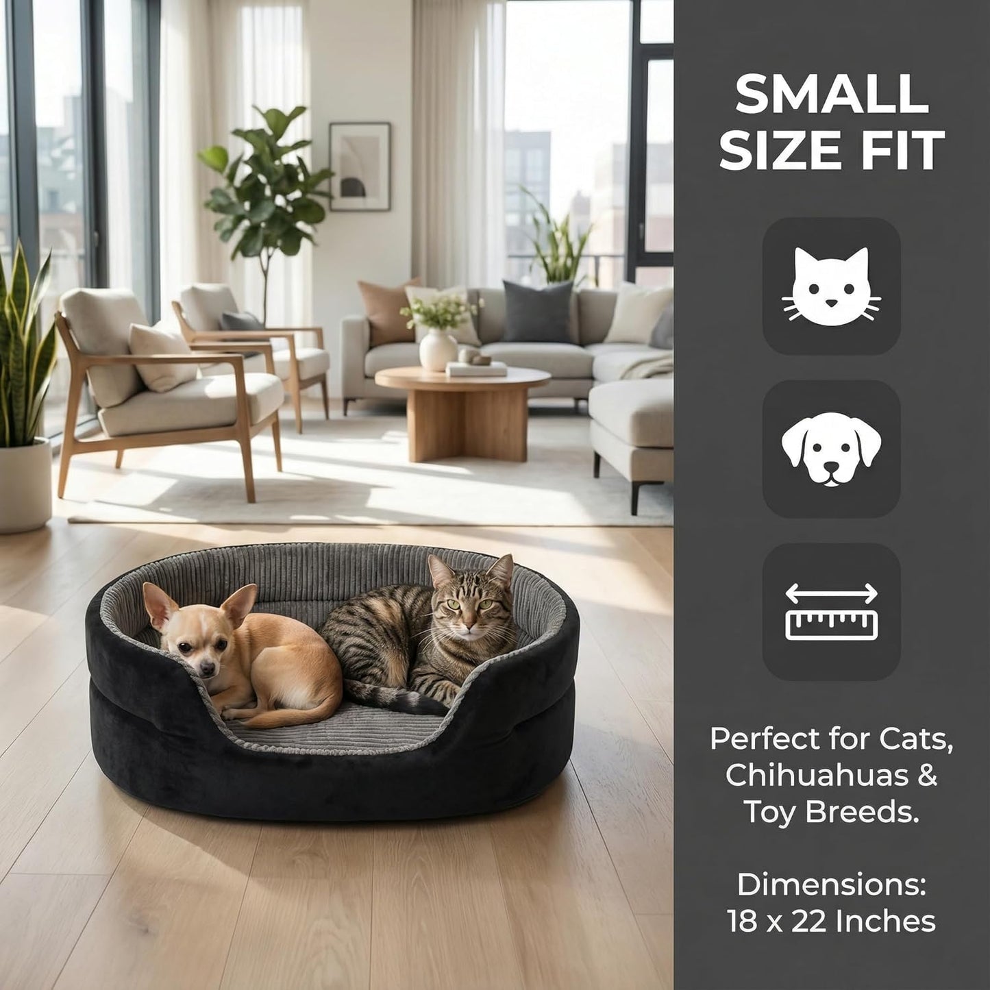 Large Dog Bed Cat Bed 20x30 Inch, Calming Pet Bed for Medium Dogs & Large Cats, Half-Enclosed Open-Top Velvet Anti-Anxiety Bed, Machine Washable Cozy Snuggle Bed (Black)