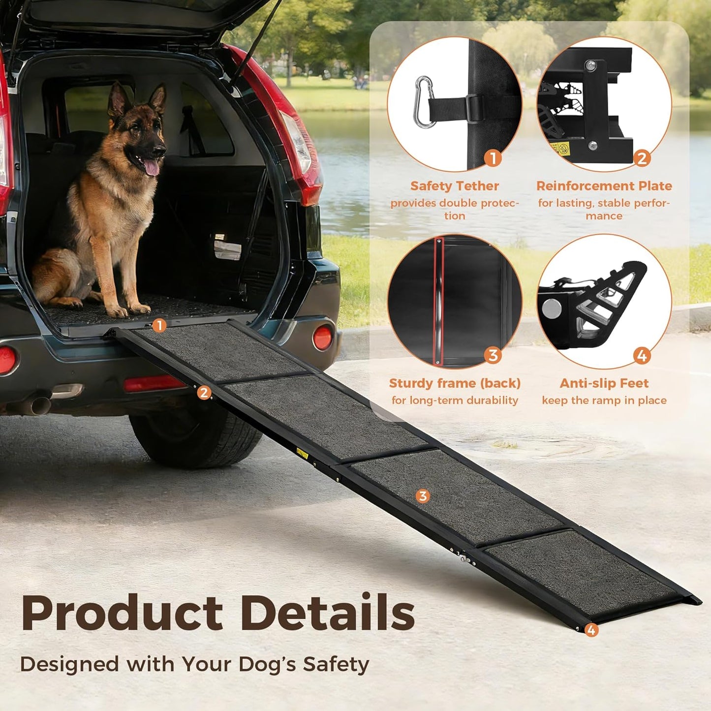 Dog Ramp for Car, 71" Extra-Long & 20" Wide Folding Pet Ramp for SUV & Truck, Heavy-Duty 250 lbs Support, Non-Slip Traction Surface, Portable Pet Ramp for Medium & Large Dogs