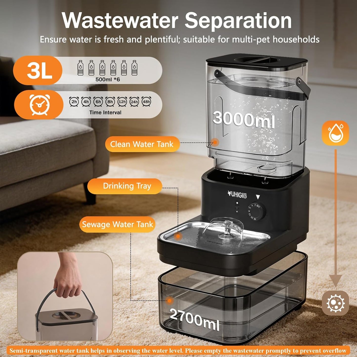 Wireless Cat Water Fountain, Wastewater Separation No Filter Cotton 3L Automatic Cat Water Dispenser Ultra Quiet Stainless Steel Pet Water Fountain for Cats Small Dogs Multiple Pets Indoor
