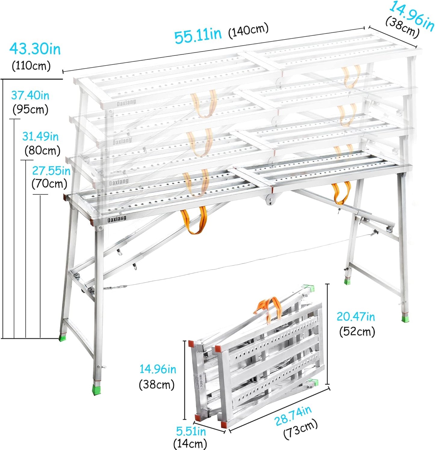 Daxiang Portable Scaffolding Platform 55(L) x15(W) x27-43(H)'' Work Platform Adjustable Height Steel 600 LBS Load Capacity Folding Step Ladder Drywall Painting Stool