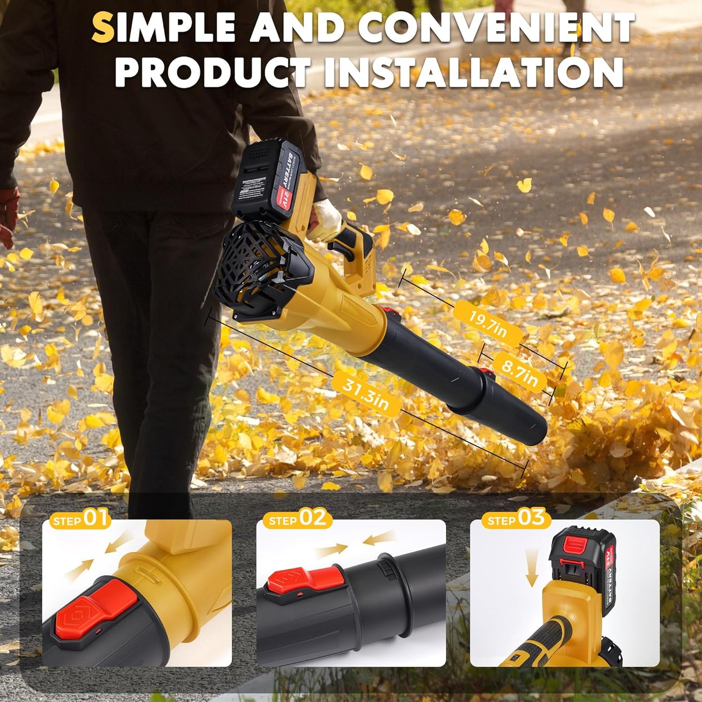 650CFM Cordless Leaf Blower,Electric Leaf Blower with 2.6Ah Battery & Charger,6-Speed Power Handheld Blower for Lawn Care, Grass Clippings, Pine Needles & Driveway, Yellow