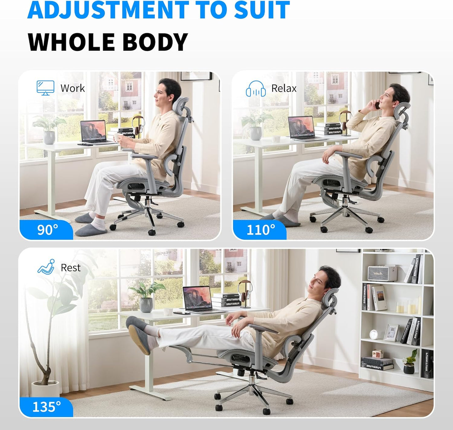 Mesh Ergonomic Office Chair with Footrest,High Back Mesh Gaming Chair with Lumbar Support,Adjustable Headrest and Armrests for Home Office Desk Chair (Modern, Grey)