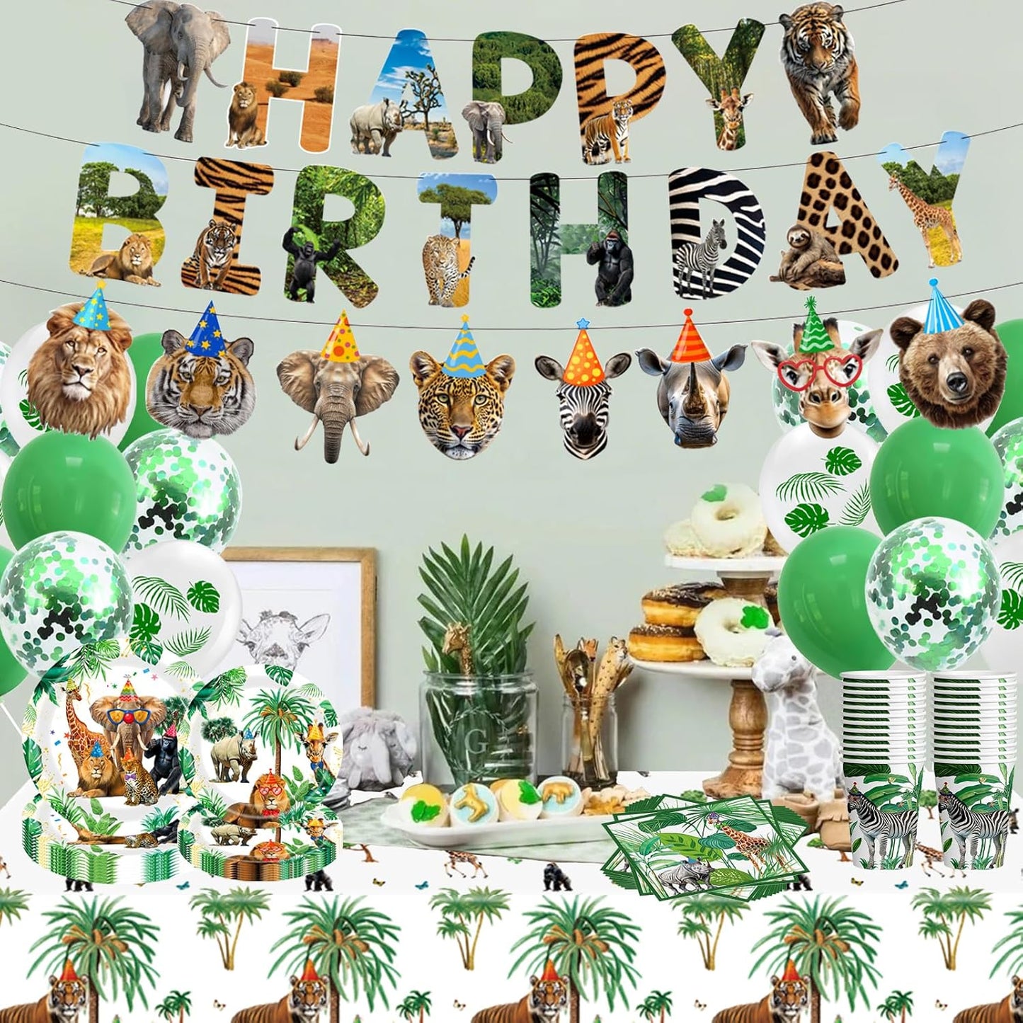 Safari Birthday Party Supplies Jungle Disposable Paper Plates Napkins Cups Tablecloth and Banner for Safari Animals Themed Party Decorations, Wild Animals Safari Zoo Birthday Party Supplies