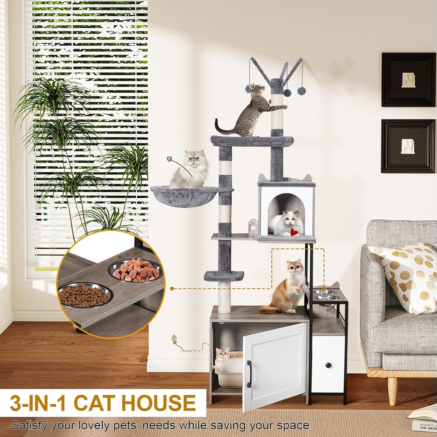 Snughome Cat Tree with Litter Box Enclosure, 3-in-1 Modern Cat Tower for Indoor Cats, 67.32’’ Hidden Cat Litter Box Furniture with Cat Condo, Food Station and Hammocks, All-in-one Cat Furniture