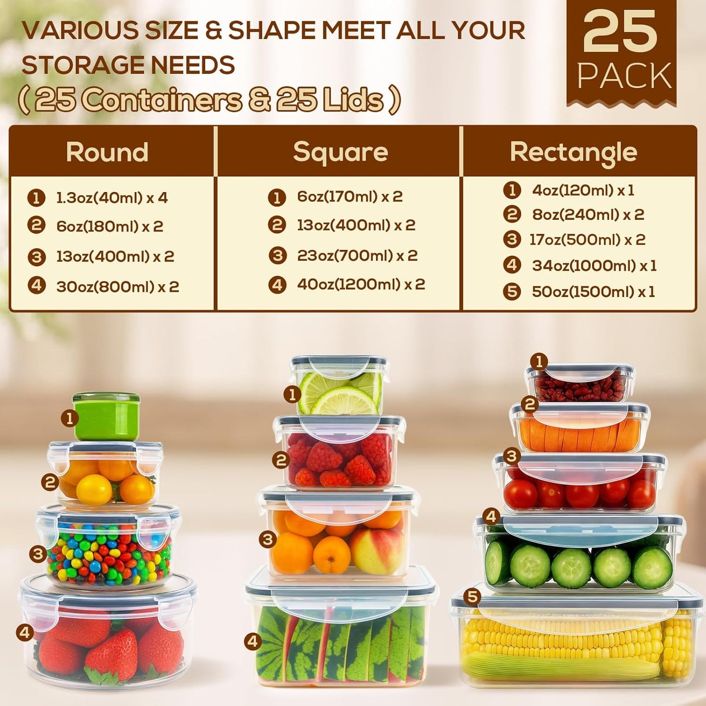 50 PCS Thicker Food Storage Containers with Lids, Clear Stackable Airtight Leakproof Reusable Plastic Meal Prep Container Set for Kitchen Storage/ Lunch, Fridge/ Microwave Safe with Labels&Pen