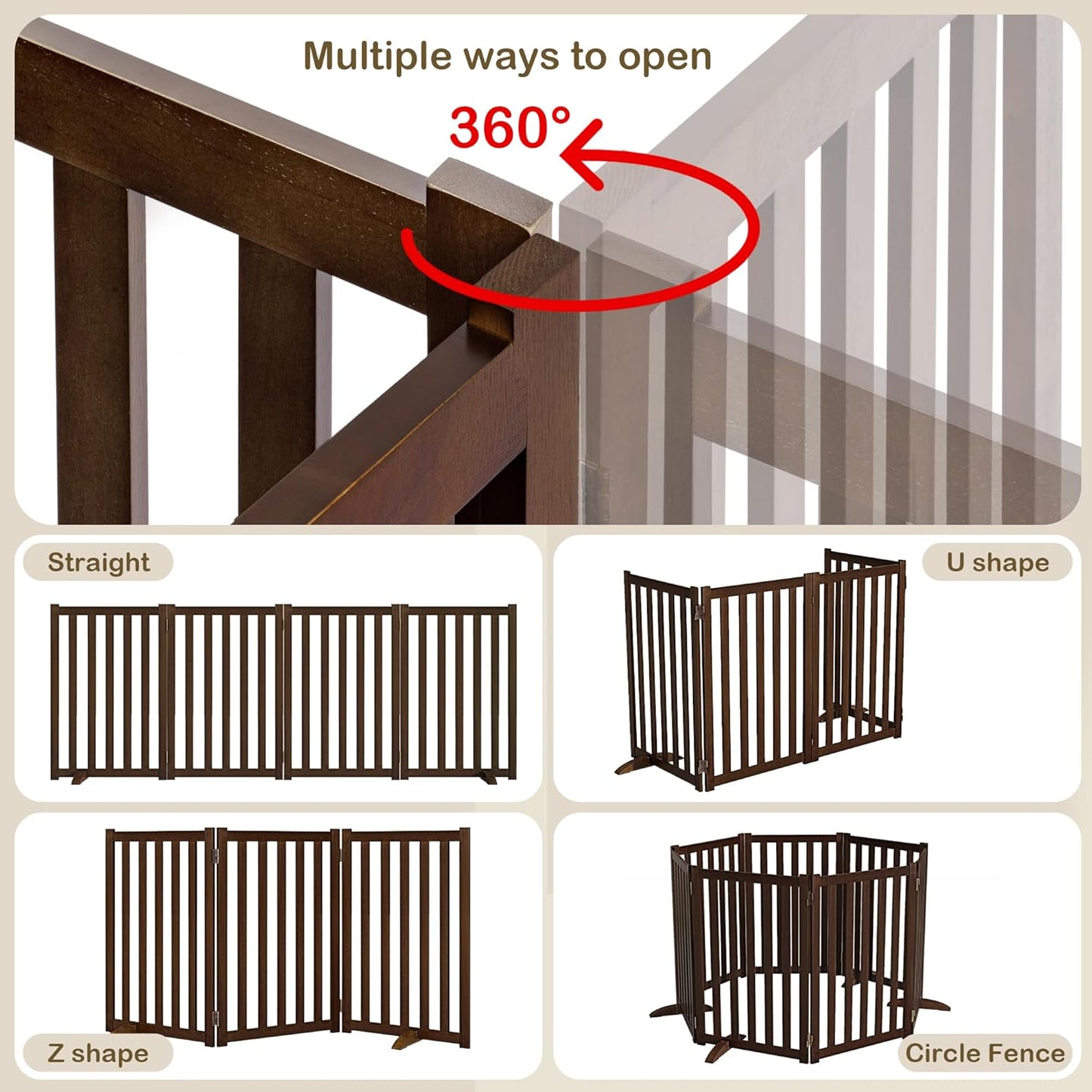 Wire Dog Gate Solid Wood Frame, Anti-Chewing, 3-Panel, 30" Height, 60" Width, Indoor Freestanding Pet Gate Foldable Wooden Dog Fences for Stairs, House, Doorway, Walnut