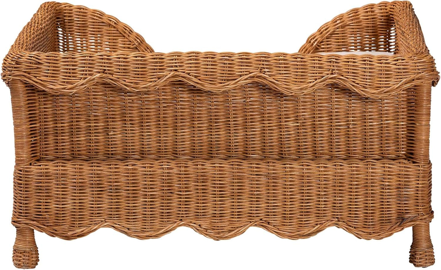 Bali & pari Papina Natural Rattan Pet Bed with Scalloped Sides - Handwoven Wicker Enclosed Lounge Bed for Dogs and Cats with Removable Cushion, 31.5"