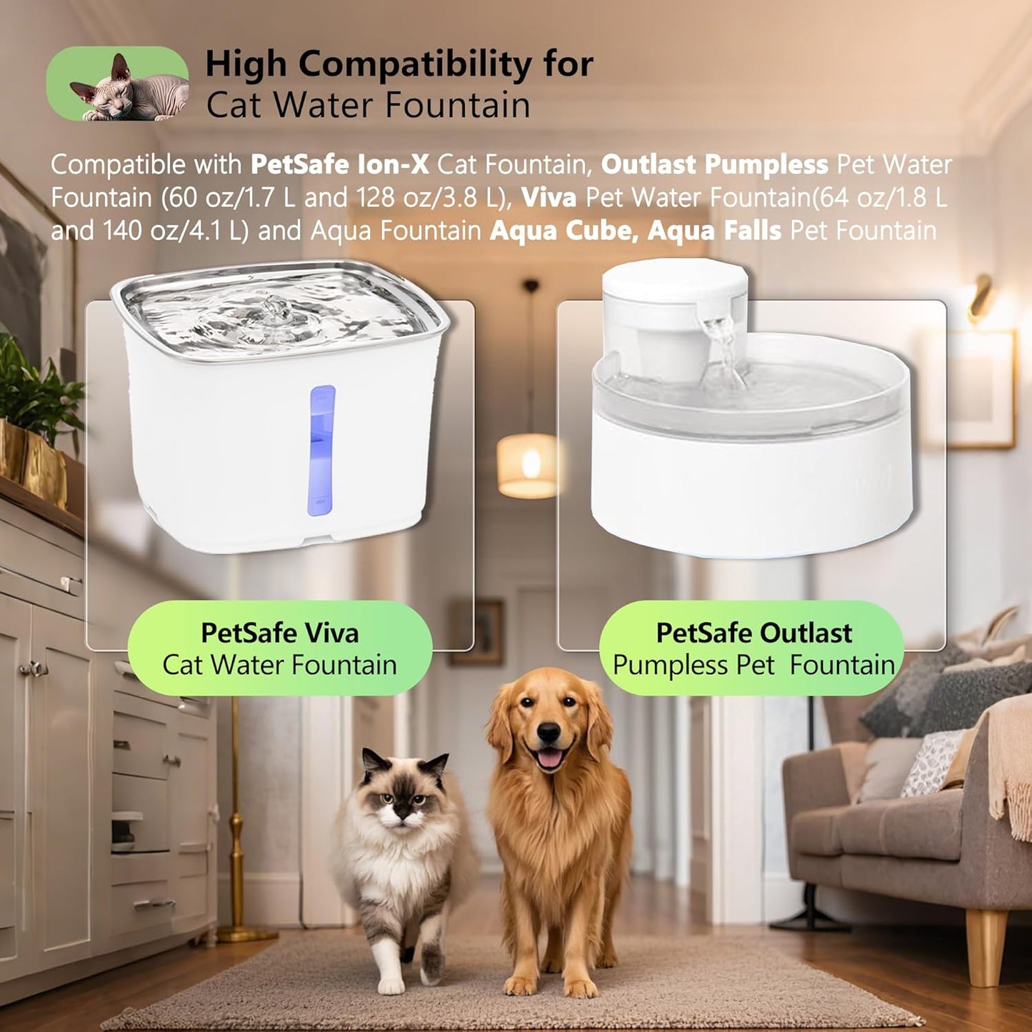 Cat Water Fountain Replacement Charcoal Filter Square Compatible with Petsafe Premier, Ion-X, Outlast Pumpless & Viva Pet Water Fountain, Carbon Filters for Cat and Dog Indoor (BLACK, 12 PACK)