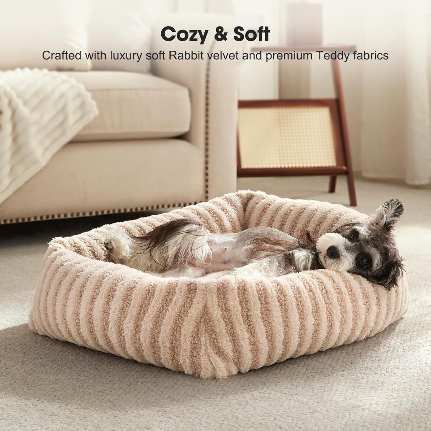 MIXJOY Dog Beds Large Sized Dogs, Washable Dog Bed with Removable Cover, Soft Rectangle Dogs Ded Fluffy Plush Faux Fur Pet Bed with Anti-Slip Bottom, 36"x27"x8", Beige