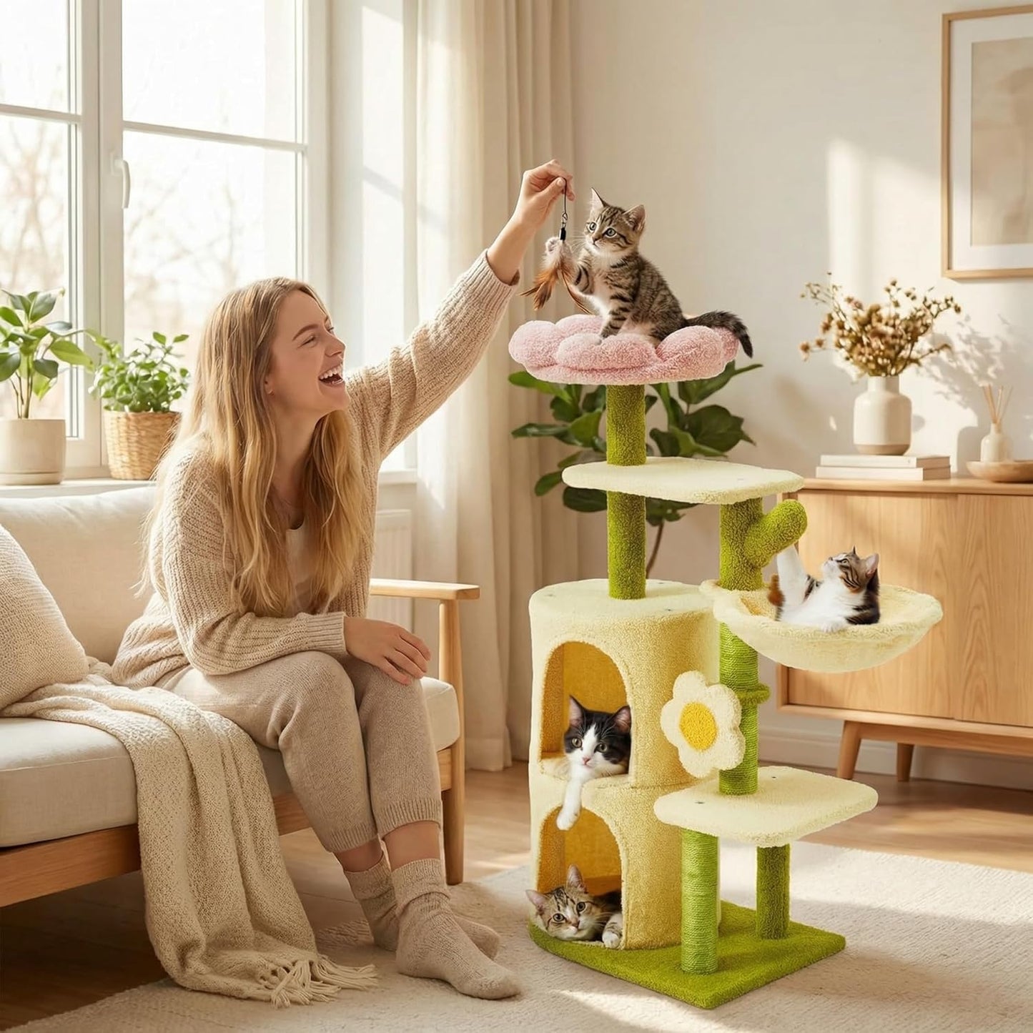 Erinnyees Flower Cat Tree, 38.2 Inches Cat Tower, Multi-Level Indoor Kitty Tree Tower, Kitty House with Cozy Top Flower Platform, Spacious Condos, Soft Hammock, Sisal Scratching Post