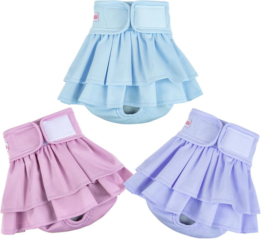 Female Dogs Diapers Belly Bands(3Pack), Washable Reusable Female Skirt Doggy Wraps Panties for Doggie Puppy Pooping Potty Training Incontinence Marking Pañal para Perro Morandi Pink Purple Blue Small