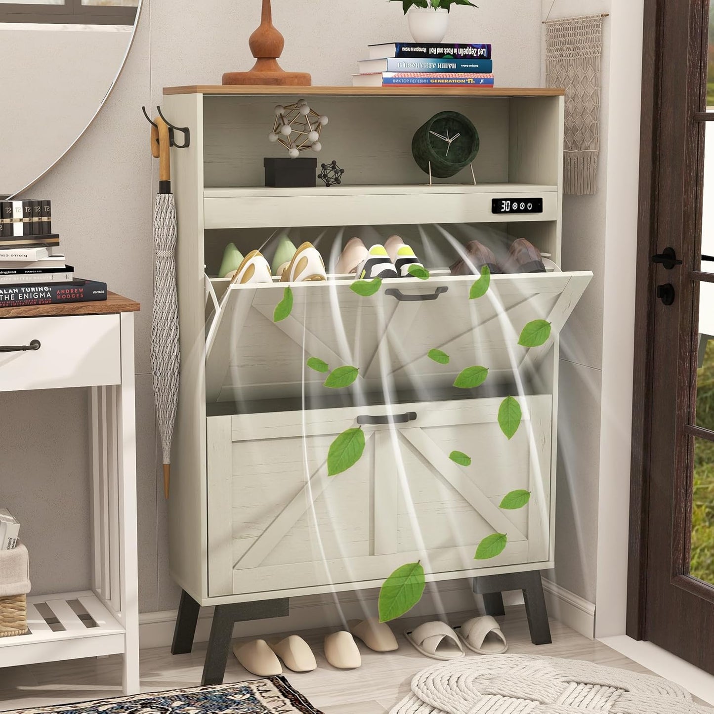 TaoHFE Deodorizing Shoe Organizer Cabinet Storage for Entryway,Shoe Cabinet Storage with 2 Flip Drawers,White Fluted Shoe Cabinet with Air-Purifier,Farmhouse Hidden Cabinet