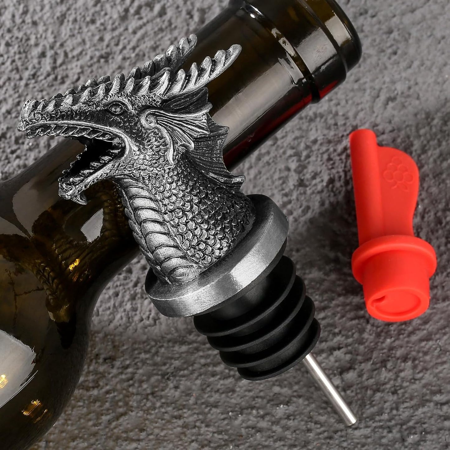 Dragon Head 2-In-1 Wine Bottle Pourer and Stopper, Gifts for Men Women Dragon Fans, Liquor Bottle Pourers Spout for Alcohol Spirits, Wine Accessories, Dark Silver