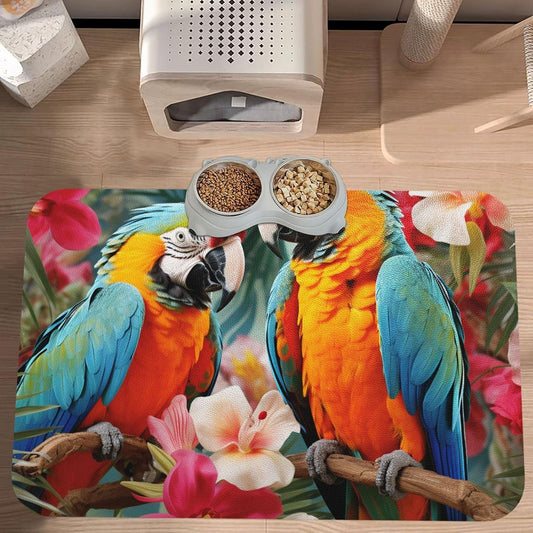 Pet Feeding Mat Leather Dog Food Mat Waterproof Pet Tablecloth Tropical Plants and Parrots Pet Placemat for Dogs Absorbent Dog Bowl Mat Anti-Slip Dogs Mats for Food and Water