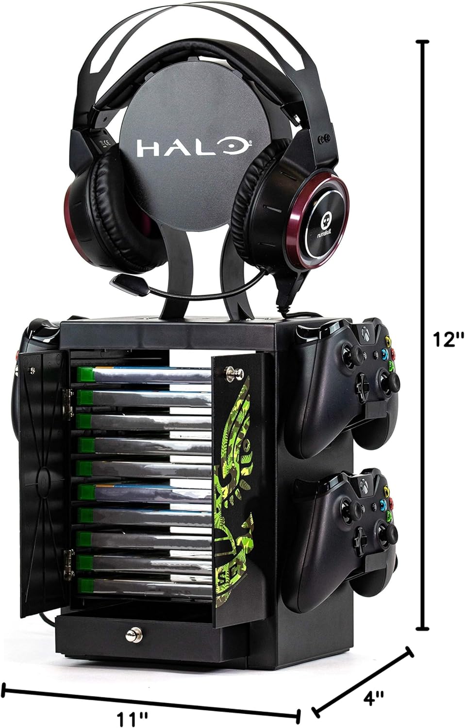 Numskull Official Halo Gaming Accessory Locker & Storage Stand – Holds 10 Games/DVDs, 4 Controllers, Headset, and Accessories – Durable & Compact Organizer – Official Halo Merchandise
