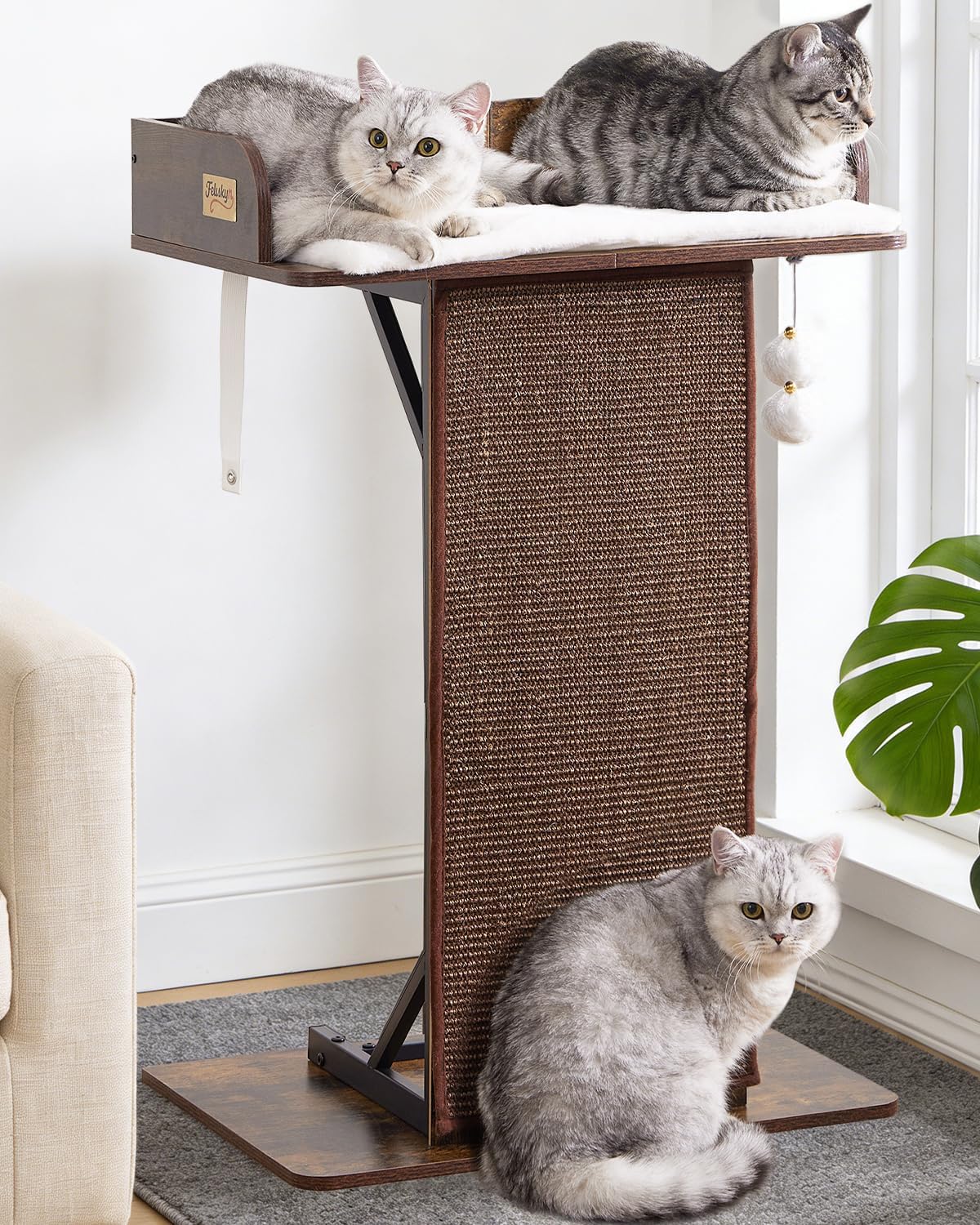 Modern Wood Cat Tree Tower for Indoor Large Cats, 33.8-Inch Tall Wooden Cat Trees with Big Perch Bed, Cat Scratching Pads, Washable Removable Cushions and Scratching Mat, Cat Furniture, Rustic Brown