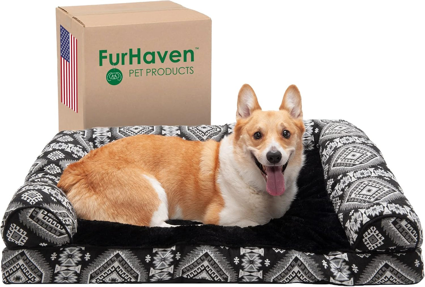 Furhaven Pillow Dog Bed for Large/Medium Dogs w/ Removable Bolsters & Washable Cover - Plush & Southwest Kilim Woven Decor Sofa - Black Medallion, Large