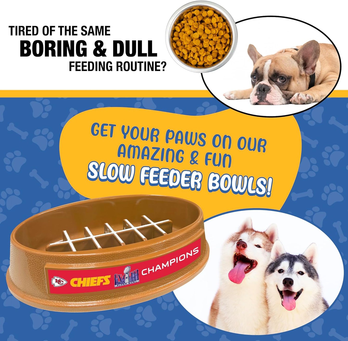 Pets First NFL Superbowl Champion Dog Super-Bowl - Slow Feeder, Dog Bowl. Football Design Slow Feeding Cat Bowl for Healthy Digestion. Non-Slip Pet Bowl for Large & Small Dogs & Cats