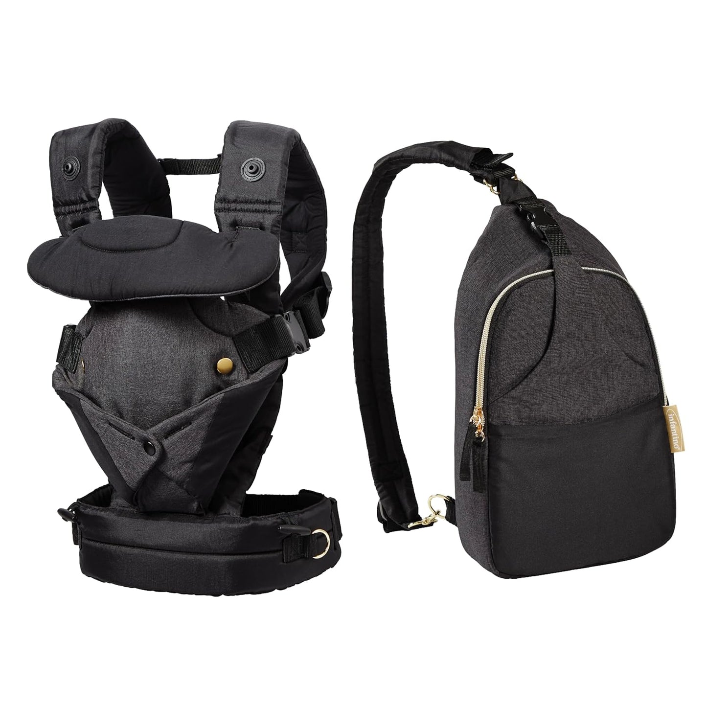 The Infantino Flip 4-in-1 Convertible Baby Carrier & Crossbody Diaper Bag - Grow-with-Me Carrier with Attachable Crossbody Diaper Bag, Black and Gold, 2-Piece Set