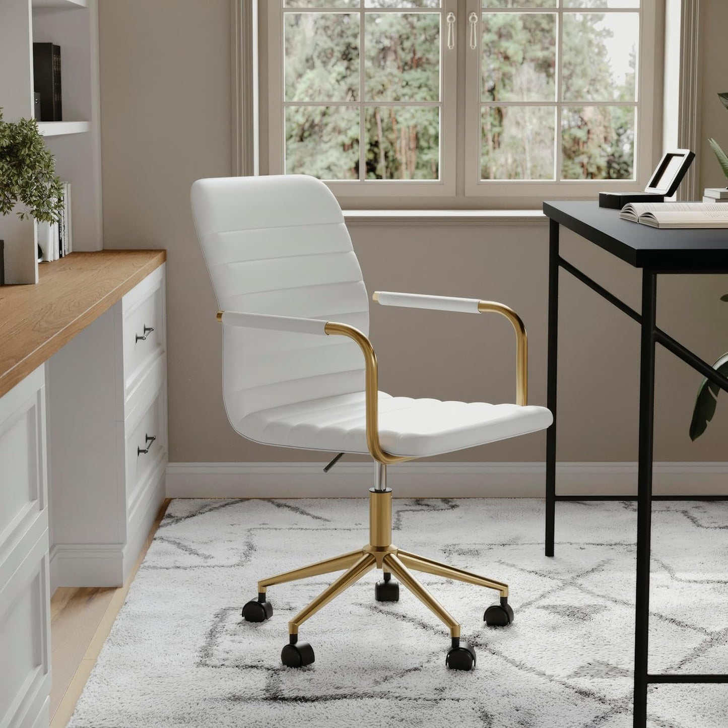 Martha Stewart Taytum Swivel Task Chair with Armrests for Home Office in White Faux Leather with Polished Brass Frame
