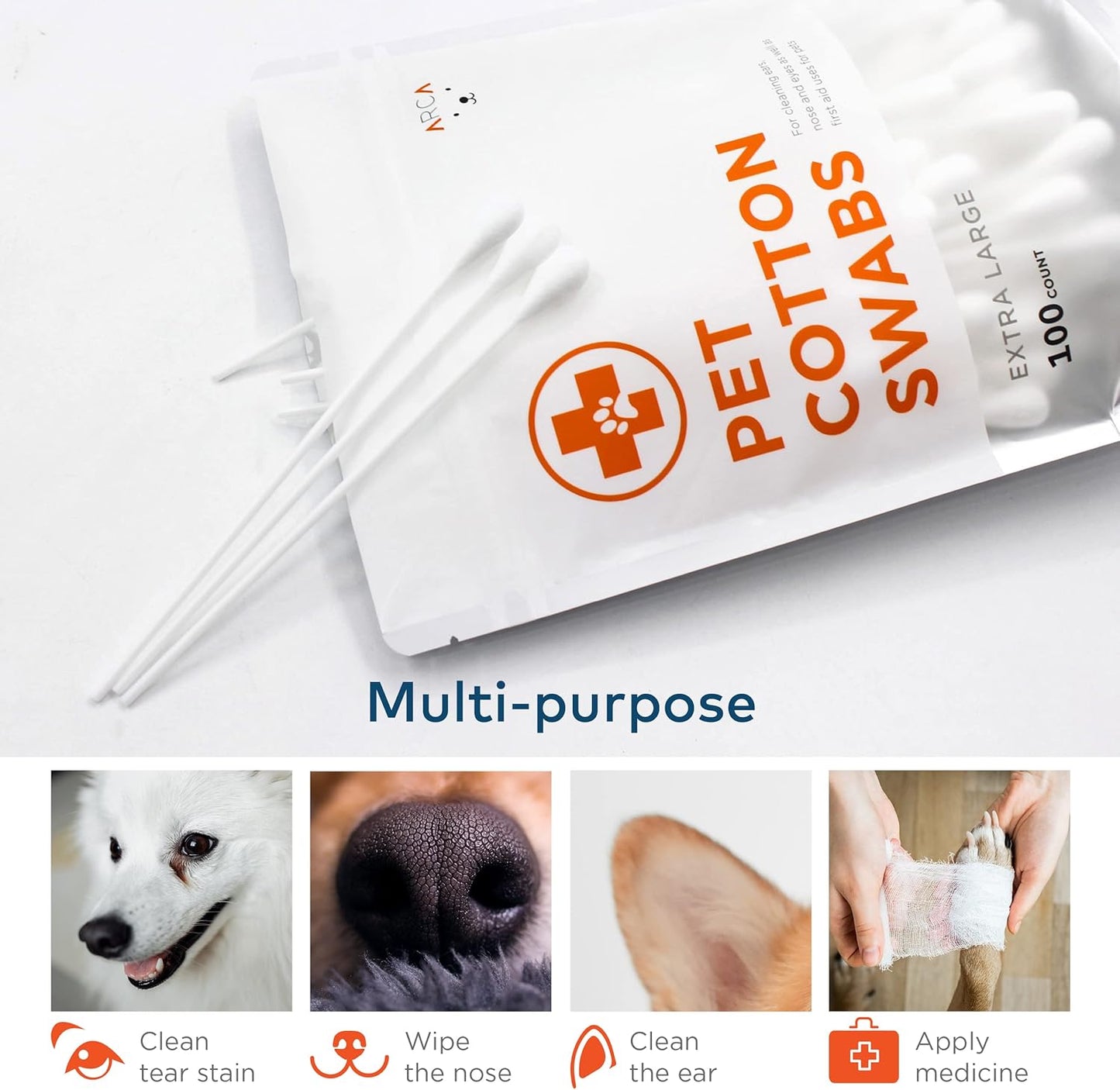 Cotton Swabs for Dogs and Cats - Cat & Dog Ear Cleaner Long Cotton Swab - Extra Large Cotton Head, Cat & Dog Ear Cleaning Kit for Puppies, Multipurpose Pet Cotton Swabs (Extra Large 100 Buds)