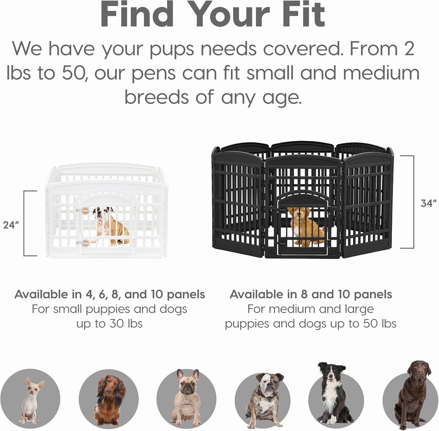 IRIS USA Dog Playpen with Door, 24” 4 Panel Pet Exercise Pen – Indoor Outdoor Puppy Play Pen, Portable Plastic Pet Fence for Small Medium Dogs, Foldable 35” x 35” x 24”, White