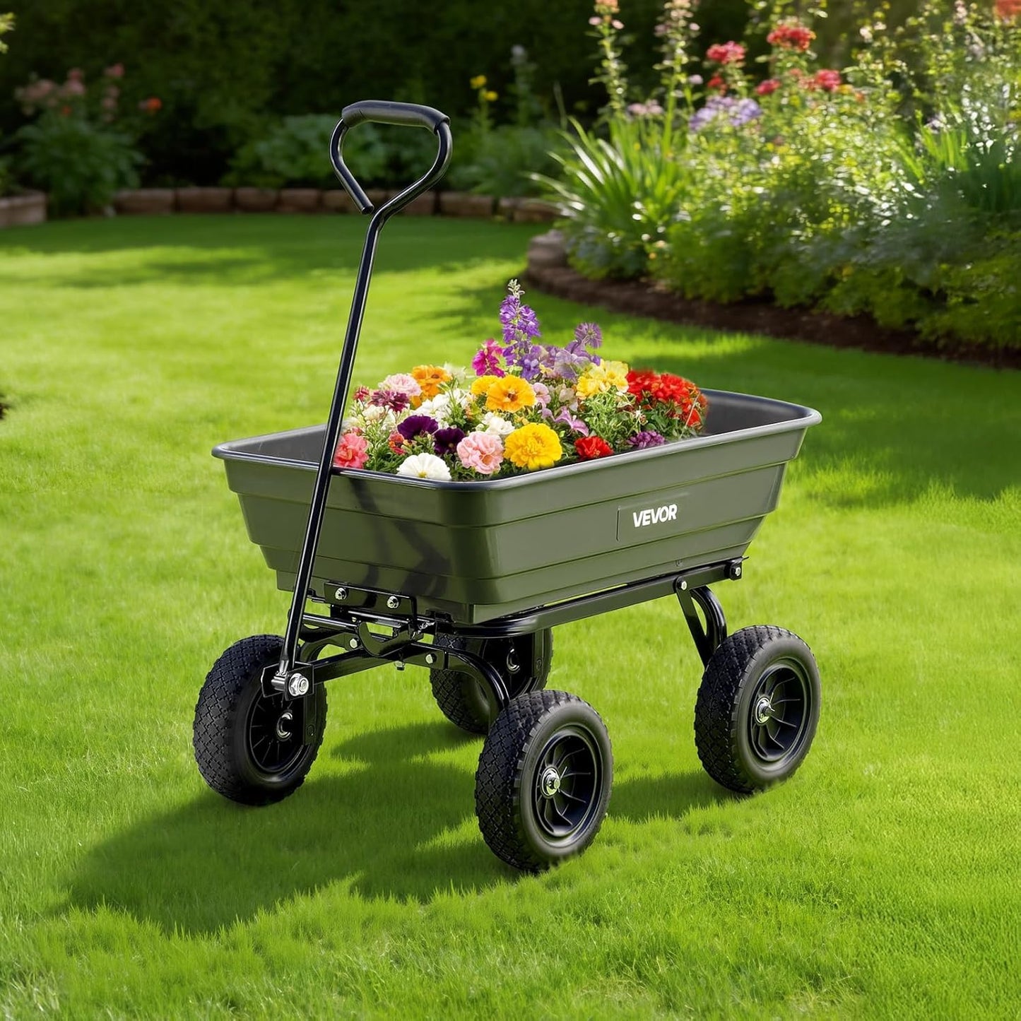 VEVOR 4 Cu.Ft 600LBS Poly Garden Cart Dump Wagon, 4 Wheel Heavy Duty Wheelbarrow with 10" Flat Free Tires, Yard Cart Dump Wagon with Quick-Release System