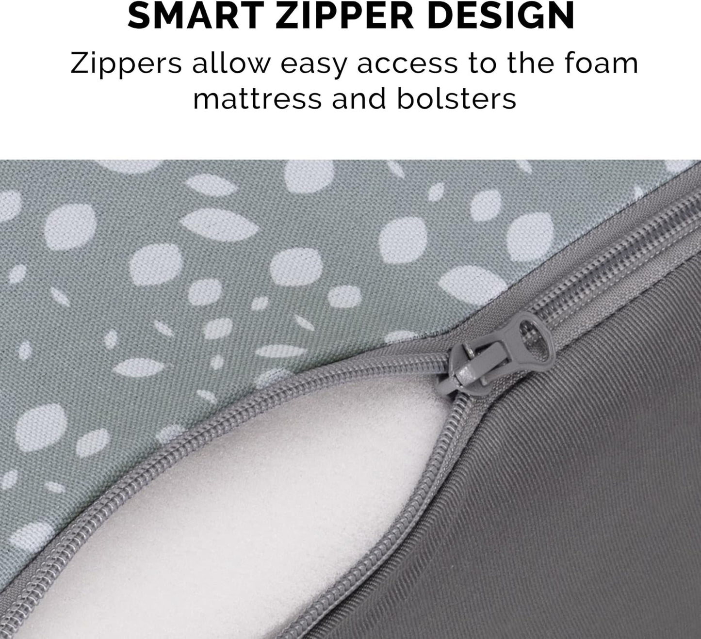 FurHaven Supportive Cooling Memory Foam L Chaise Dog Bed with Washable & Removable Cover - Plush & Almond Print - Gray Almonds, Dogs Up to 35 lbs - Medium
