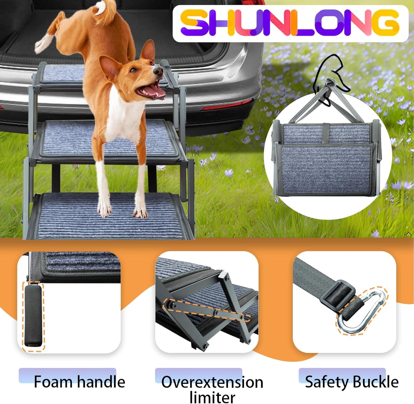 Dog Ramp for Car Truck and SUV Dog Stairs for Large Dogs Folding Pet Stairs with Non-Slip Rug Surface Supports Up to 250 lbs (6 Steps)