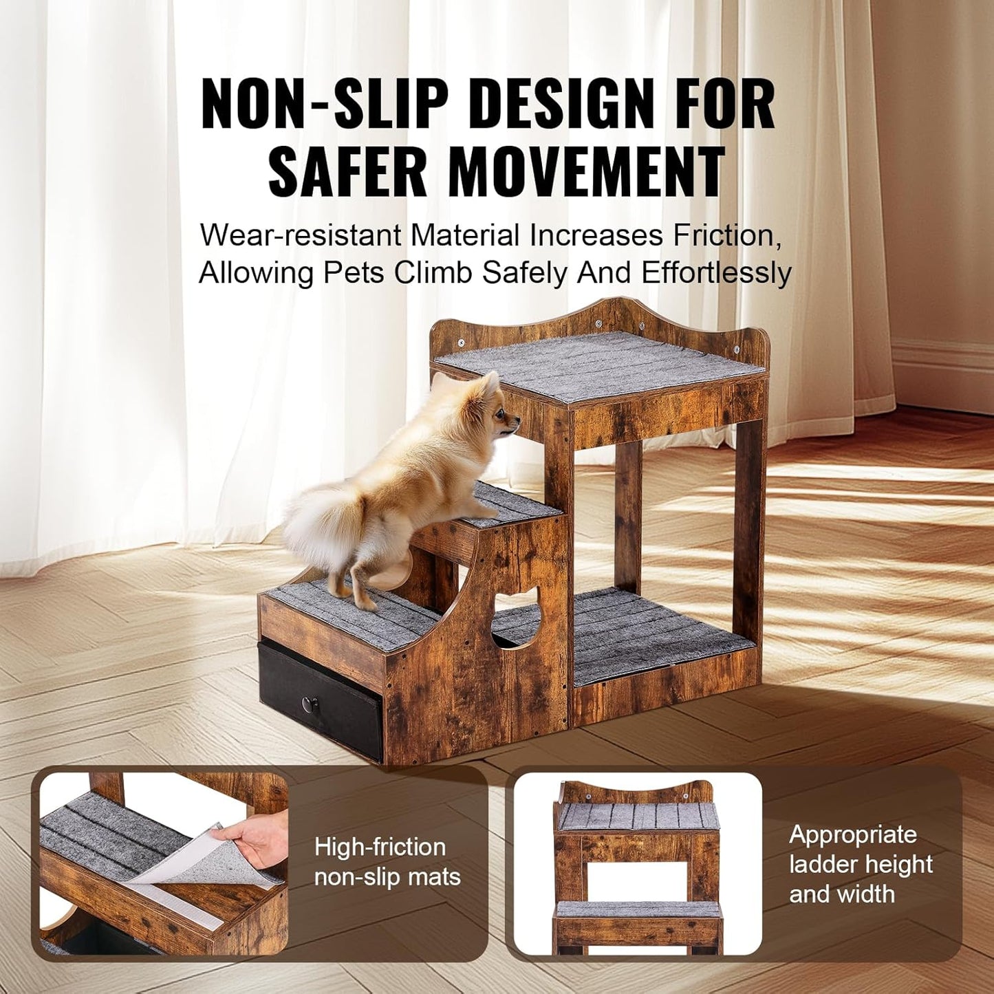 VEVOR Pet Bunk Bed with Removable Stairs, Dog/Cat Window Perch with Storage, Multi-Level Bed Window Perch Dog Bedside Sleeper Couch, Small Pet Seat Platform, Indoor Use (Rustic Brown)