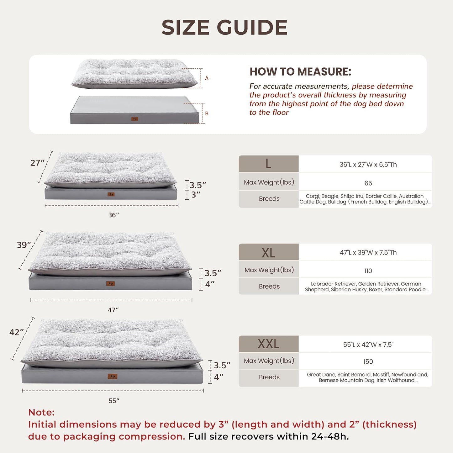 2-Pack Waterproof Dog Bed Large Size Dogs, Plush Cushion & Orthopedic Egg-Crate Foam Mattress for Senior Dogs, Washable Dog Crate Bed with Removable Cover, Light Grey