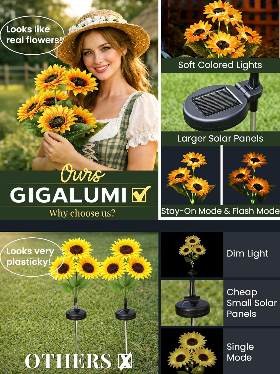 GIGALUMI Solar Garden Lights Artificial Flowers, LED Garden Decor Carefree Sunflower Solar Lights Outdoor Yard Decorations Outdoor, Everlasting Sunflower Decor Gift for Outside Yard Patio (Set of 3)