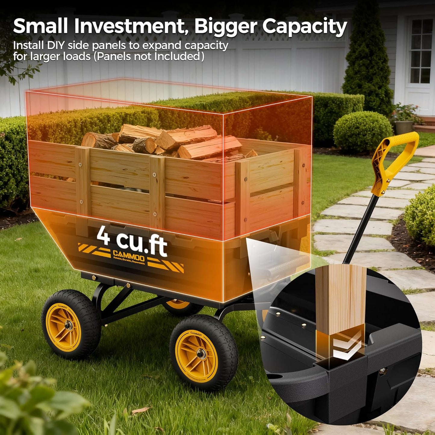 10in NO-FLAT TIRES 900lb Heavy-Duty Garden Dump Cart DIY Expandable Capacity Over 4 Cu.Ft. Utility Wagon with Quick-Release Dumping & Prime Grade 100% Virgin Polypropylene-Not Recycled Material