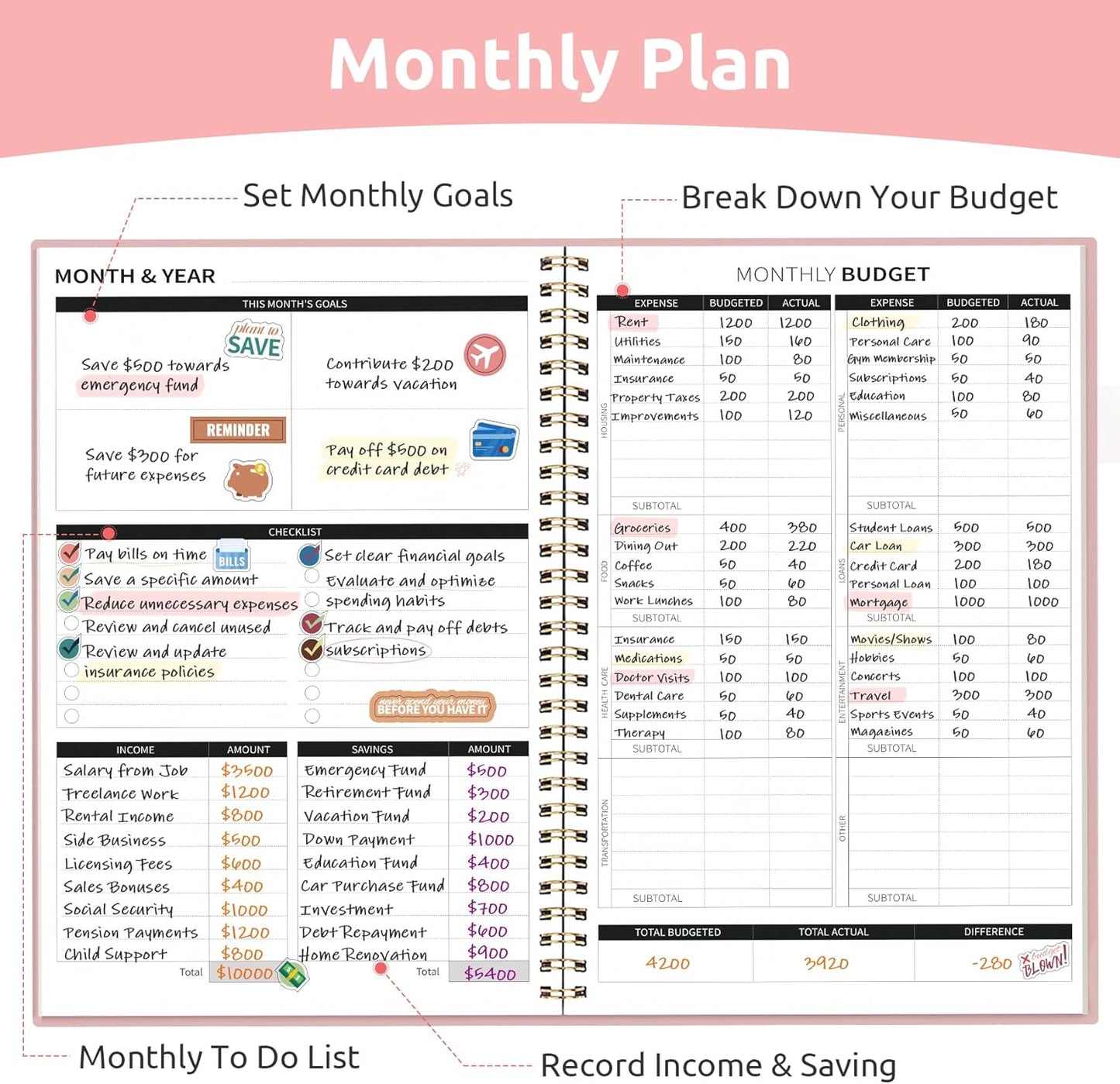 Budget Planner - Monthly Budget Book with Expense Tracker Notebook, Undated Bill Organizer & Finance Planner to Take Control of Your Money, Account Book to Manage Your Finances-Pink
