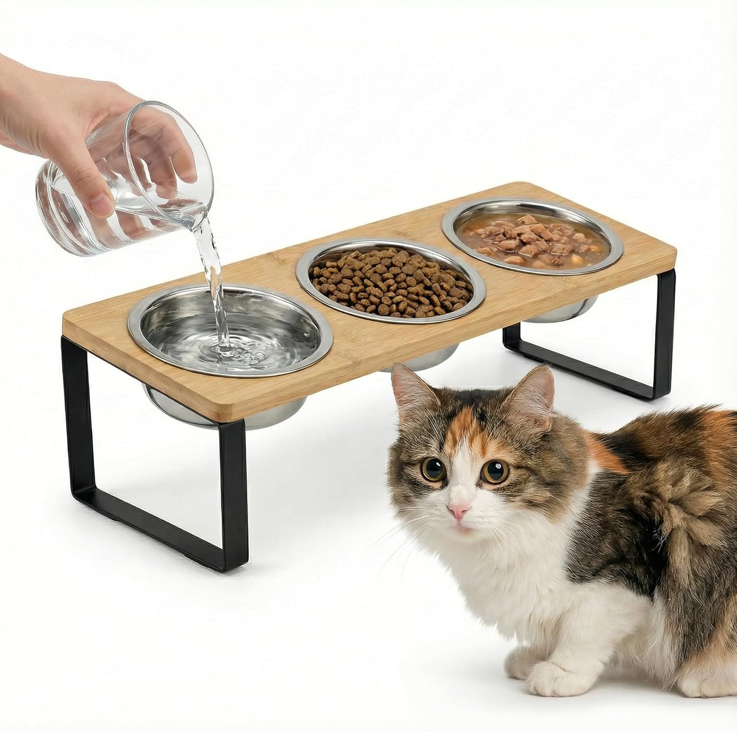 Tilted Raised Cat Bowls with Wooden Stand, Stainless Steel Food & Water Bowl Set for Cats and Kittens, Whisker Friendly, Anti-Spill, Dishwasher Safe, Double & Triple Bowl Options (Triple Bowl)