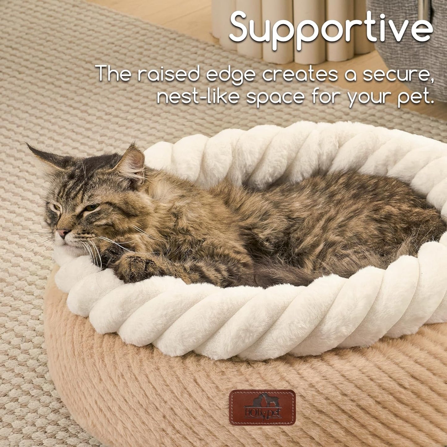 Hollypet Cat Bed for Indoor Cats Kitty Beds, Round Washable Fluffy Small Dog Bed, Soft Cozy Plush Pet Beds for Puppy and Kitten with Non-Slip Bottom (20" Diameter, Oatmeal)