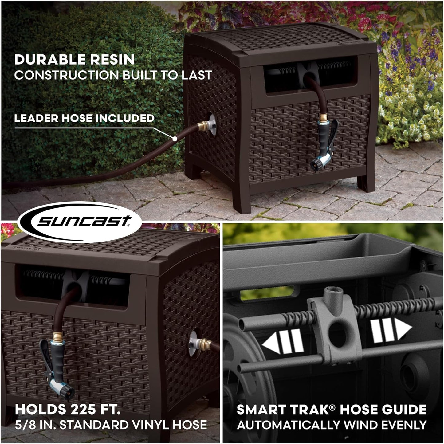 Suncast Hose Reel with Smart Trak Hose Guide, Water-Tight Connection, Durable Resin Construction, 225' Hose Capacity, Brown, Made in the USA