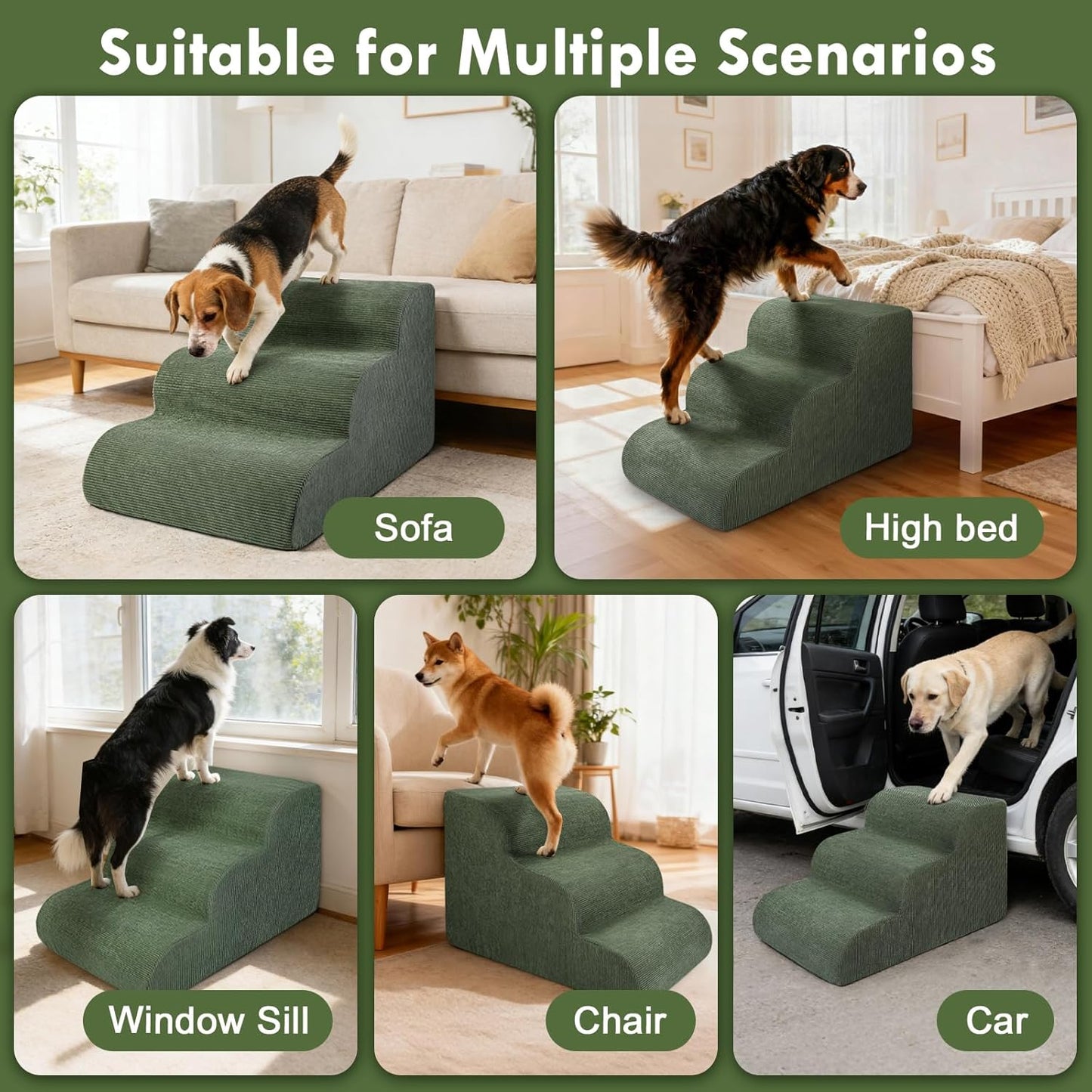 Large Dogs Stairs for Bed, Extra Wide Pet Step for Couch or Chair, 100lbs Load Capacity, 3-Step Stable & Sturdy Cat & Dog Ramp for Puppy Small Medium Senior Dog Essentials, Washable Cover,Green