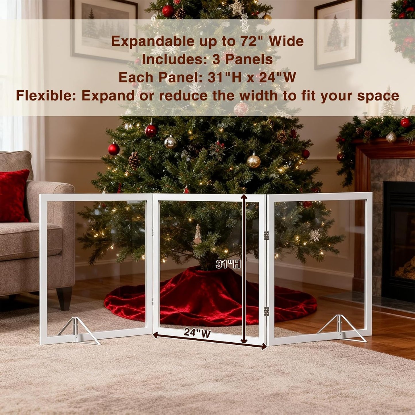Extra Wide Clear Dog Gate 31" Tall Clear Acrylic Freestanding Dog gate Transparent Pet Gate for Doorways Stairs 3 Panel(55"-70" W)