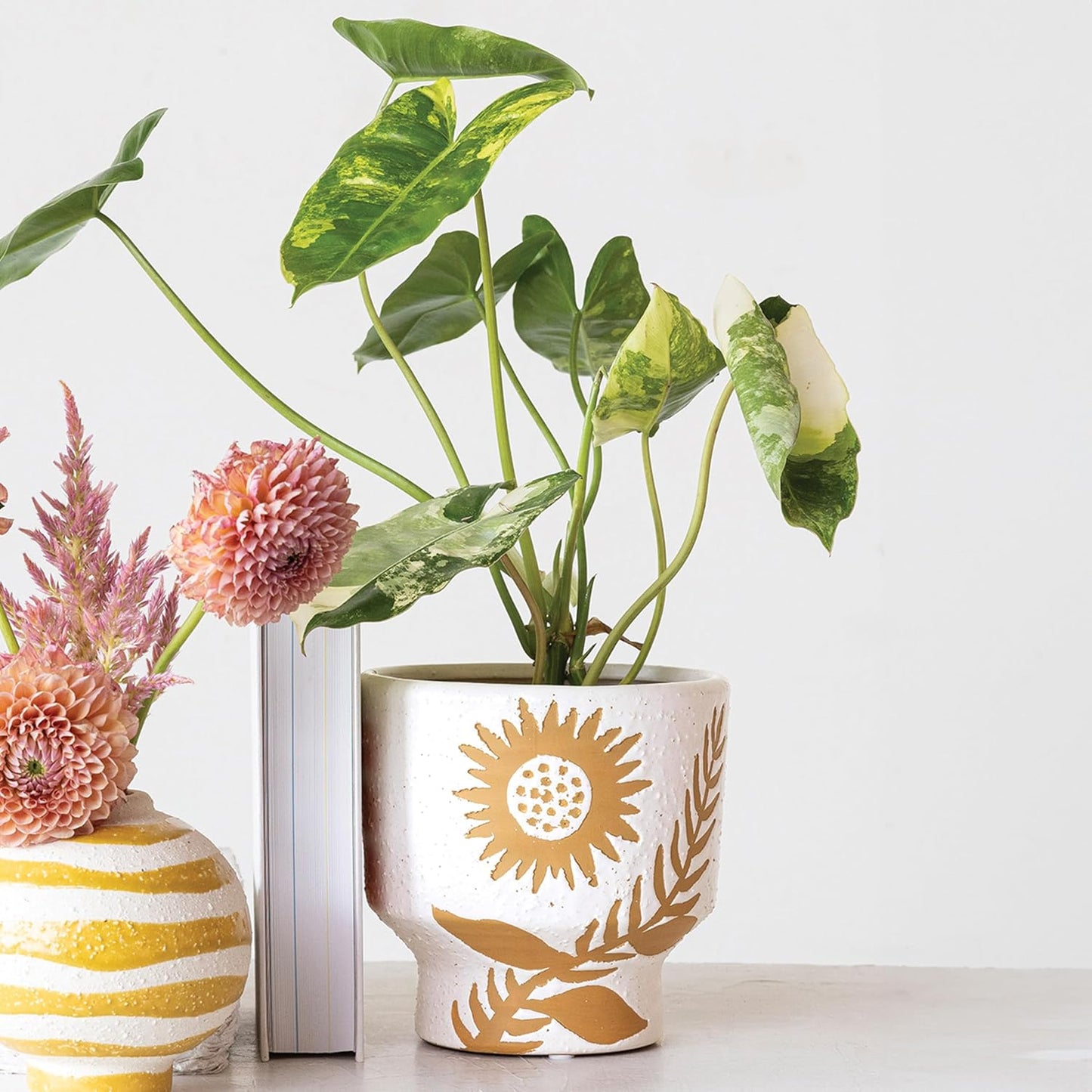Creative Co-Op Stoneware Footed Planter with Flower, Reactive Glaze, White and Mustard