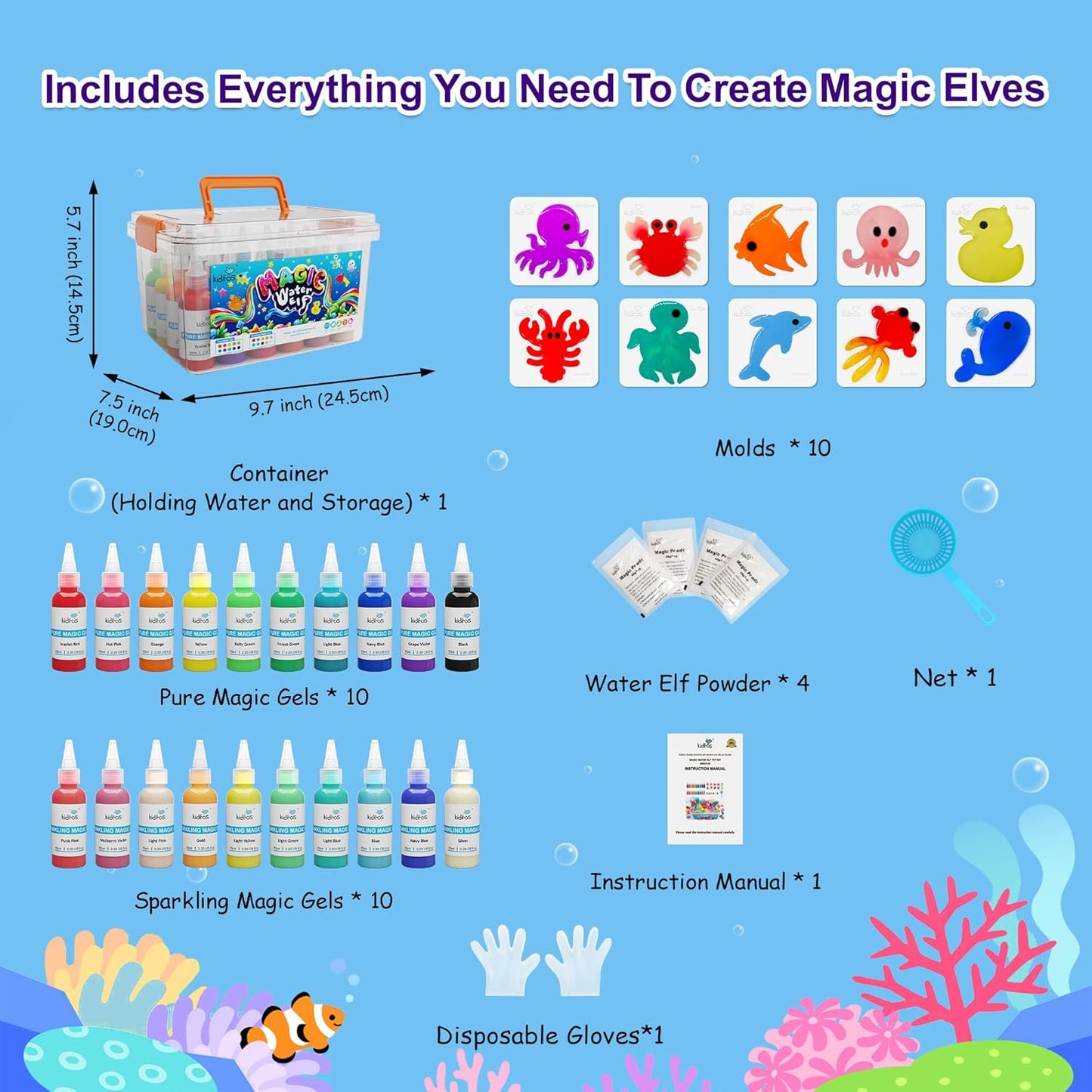 Kiditos Magic Water Elf Toy Kit – Squishies for Kids, 20 Gels & 10 Molds, Magic Gel Water Pets Sensory DIY Craft Kit, Party Favors & Gifts for Kids Ages 3+