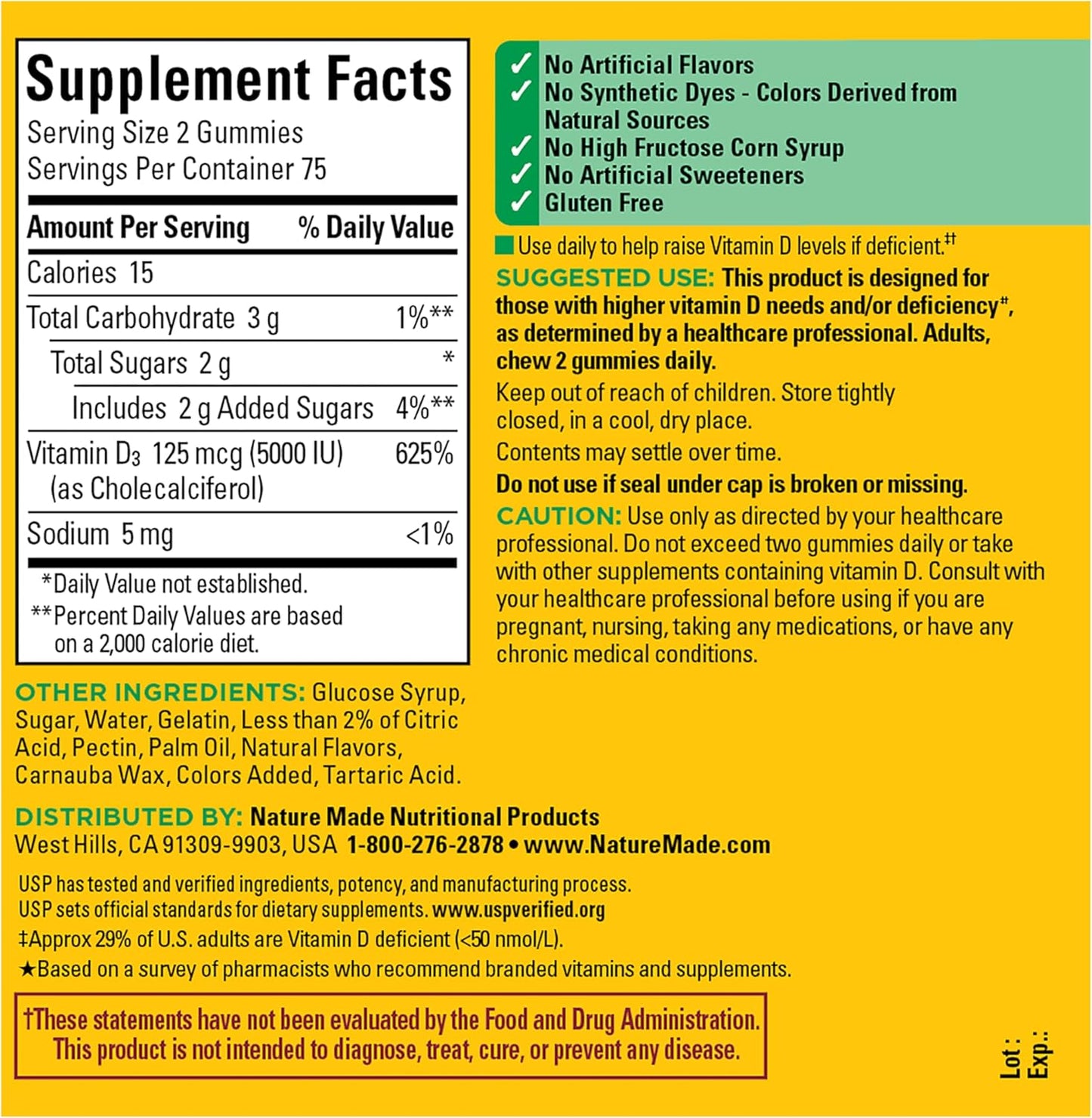 Nature Made Vitamin D3 5000 IU Per Serving Gummies Extra Strength, Bone and Immune Health Support, 150 Vitamin D Gummies for Adults, 75 Day Supply