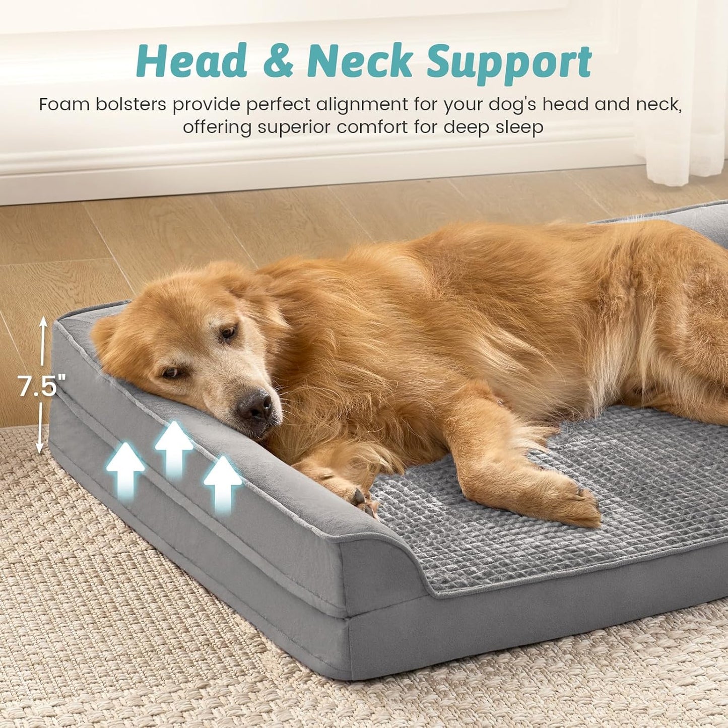 Orthopedic Dog Bed for Large Size Dog, XL Dogs Crate Bed, L Shaped Foam Anti-Slip Bottom Pet Cat Sofa with Washable Removable Cover, Suitable for Pet Up to 100 lbs, 42x30x7.5 inch, Grey