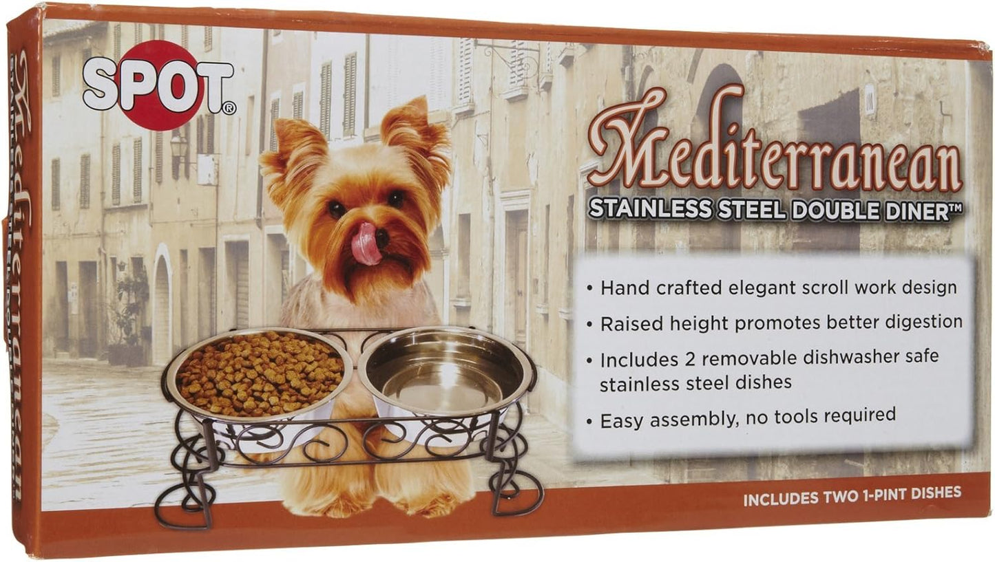 SPOT Mediterranean Double Diner Elevated Dog Bowls – Raised Feeder with Stainless Steel Bowls – 1 Pint Capacity per Bowl (2 Cups Total) – Promotes Better Digestion – Decorative Metal Stand, Black