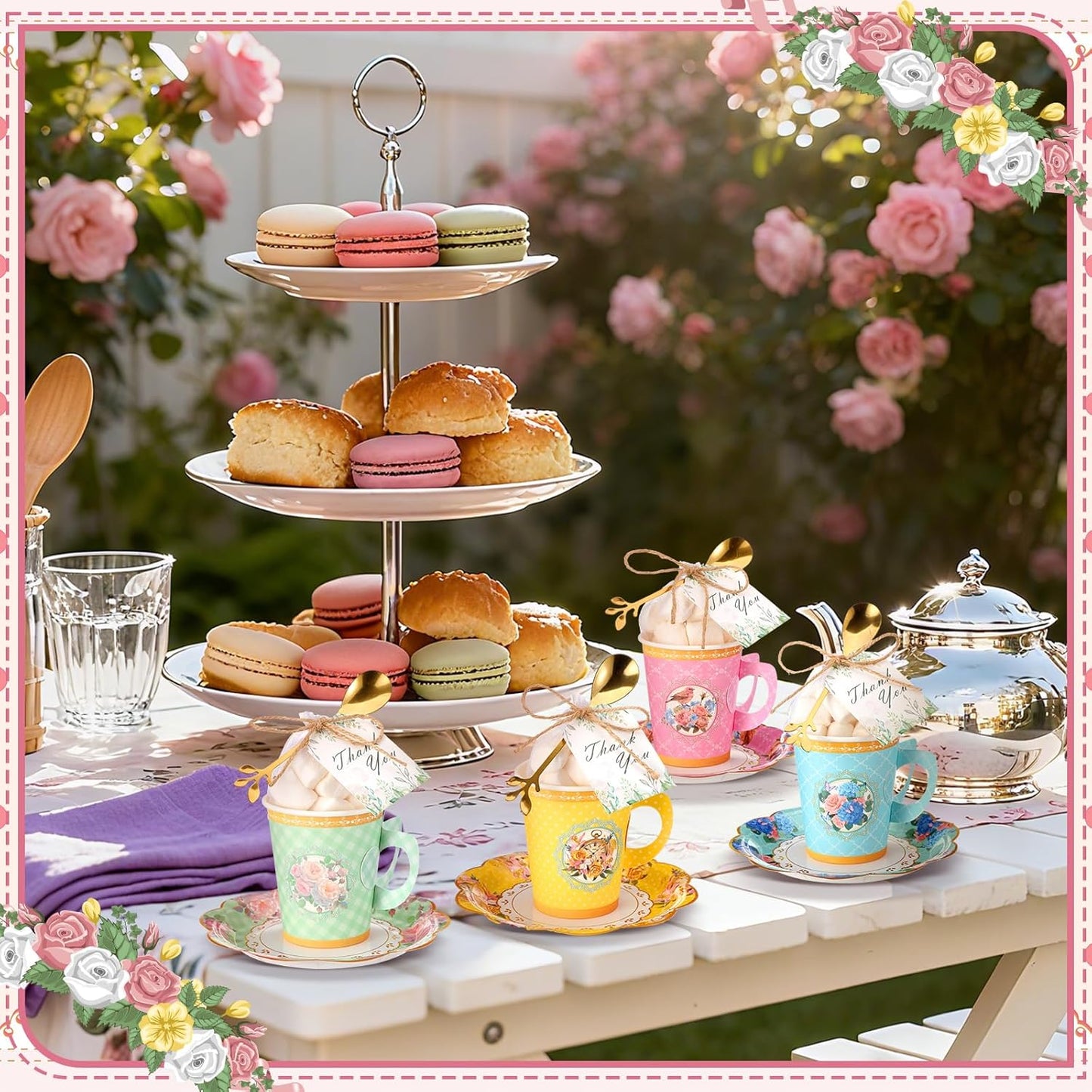 125 Pcs Tea Party Favors Set Floral Paper Teacups with Saucers, Vintage Style Tea Spoons, Disposable Spring Party Supplies for Hot or Cold Drinks, Ideal for Birthday Baby Shower Bridal