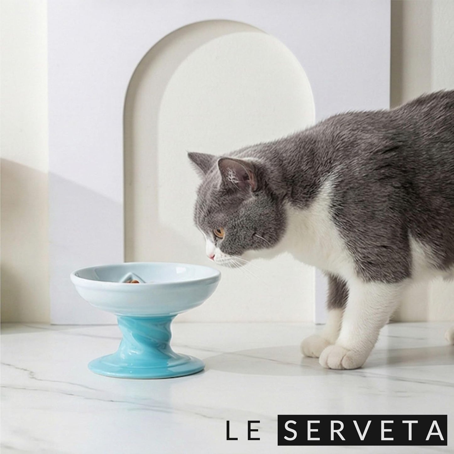 Elevated Twisting Design Cat Food Slow Feeder, Ceramic Raised Cat Dishes with Decorative Twisting Design Stand, Macaron Colors, Slow Feed Design (Blue)