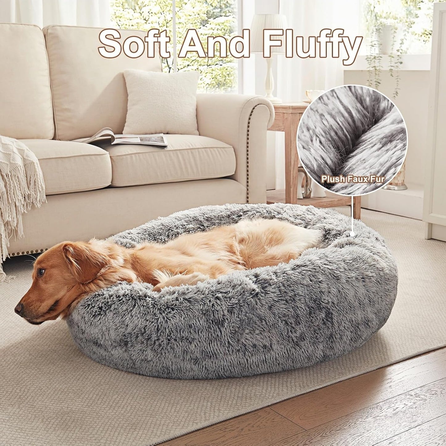 36 inches Donut Dog Bed for Large Dogs - Calming Fluffy Round Pet Bed with Removable & Washable Cover,Fits up to 80 lbs Pets (Dark Grey,Large)